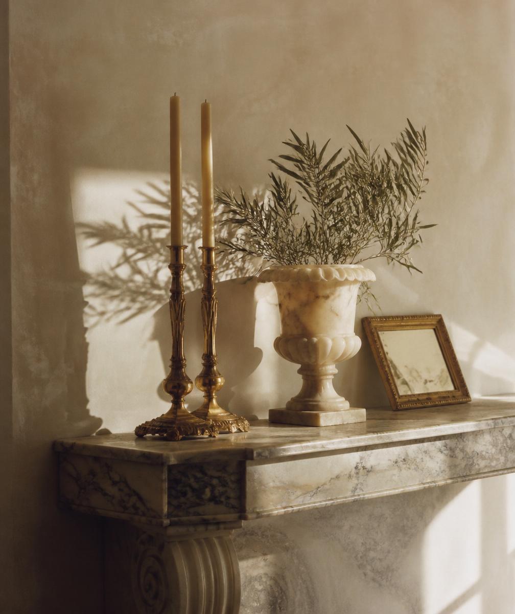 Marble console with gilded candlesticks, an alabaster urn of olive branches and a gilt-framed mirror